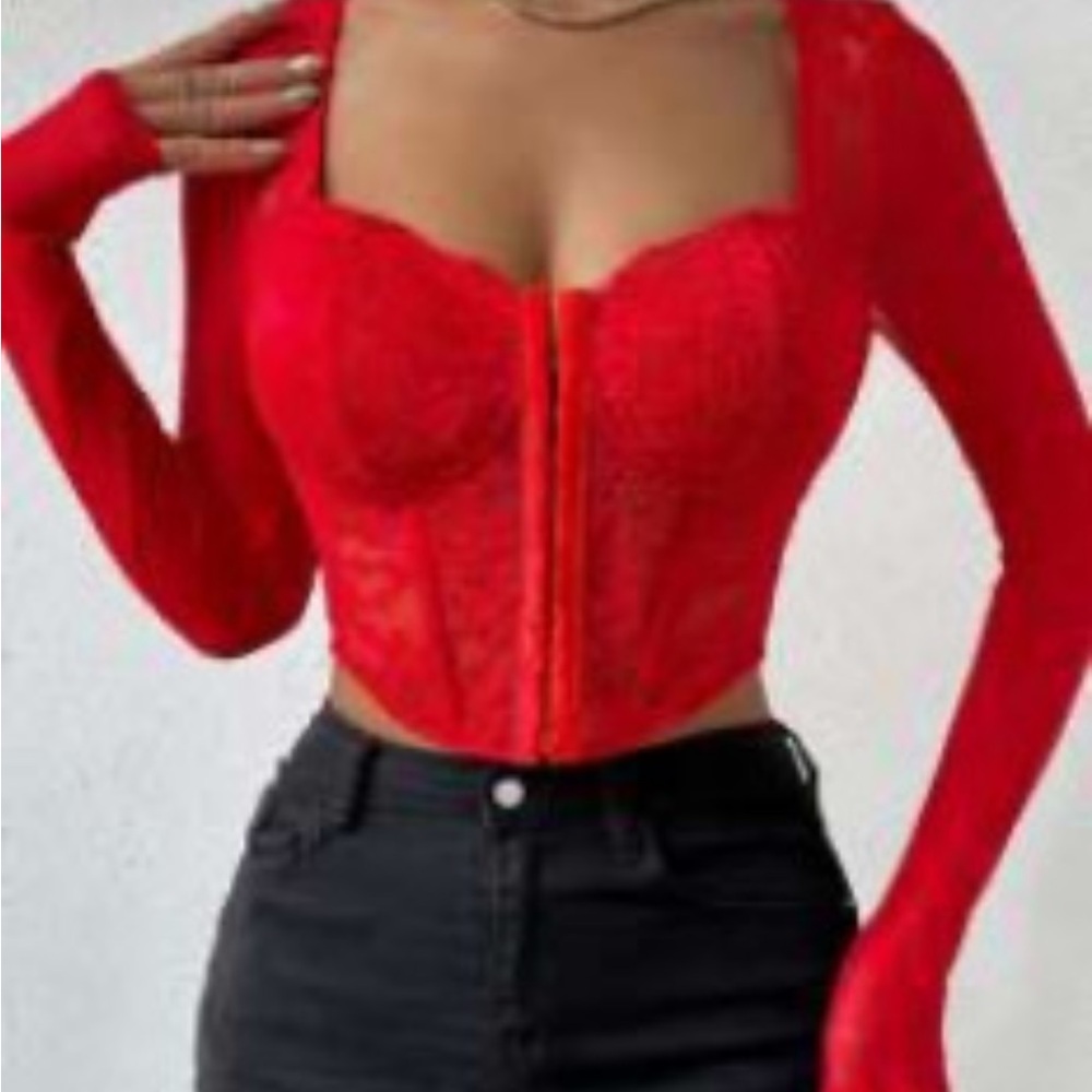 Elegant Red Lace Long Sleeve Top